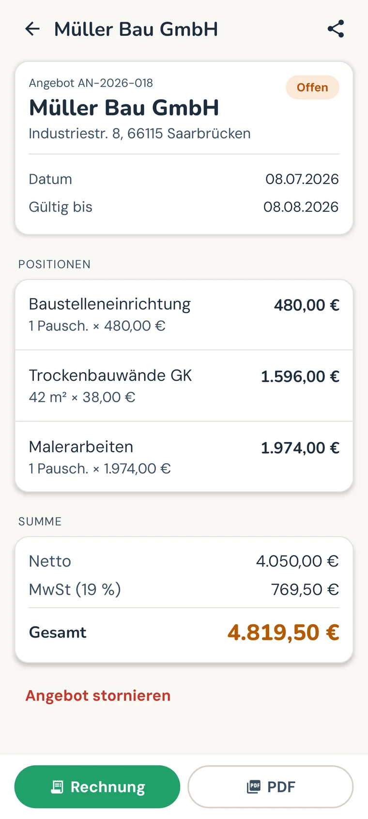 Kaepsi-App: Angebot mit Positionen und Summe