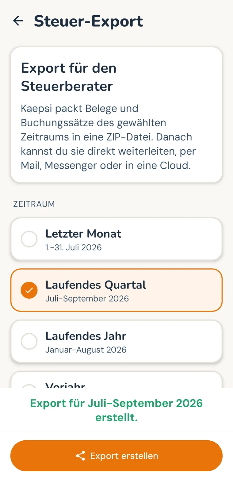Kaepsi-App: Monatspaket für den Steuerberater, fertig zur Übergabe
