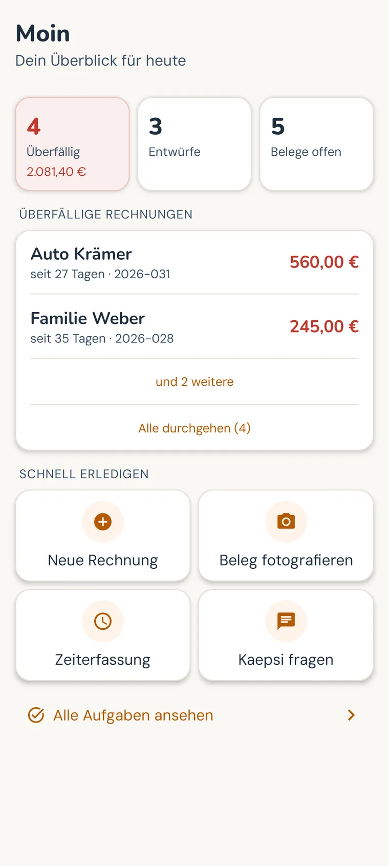 Kaepsi-App: Übersicht mit offenen Rechnungen und Aufgaben des Tages